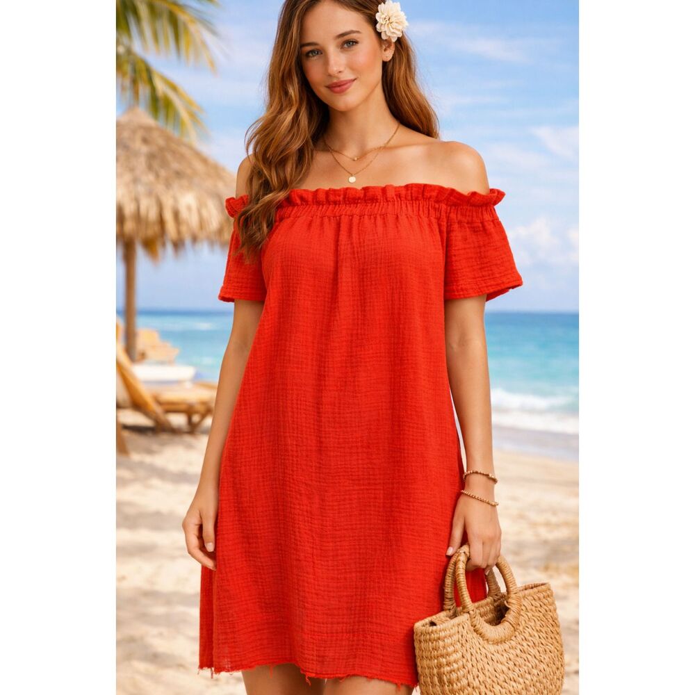 Amadi Coral Red Gauze Off Shoulder Mini Summer Dress Boho Beachy Cottagecore XS